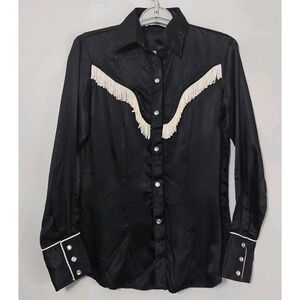 Vintage Sheplers Fringe Western Shirt Black White Pearl Snaps (XS)